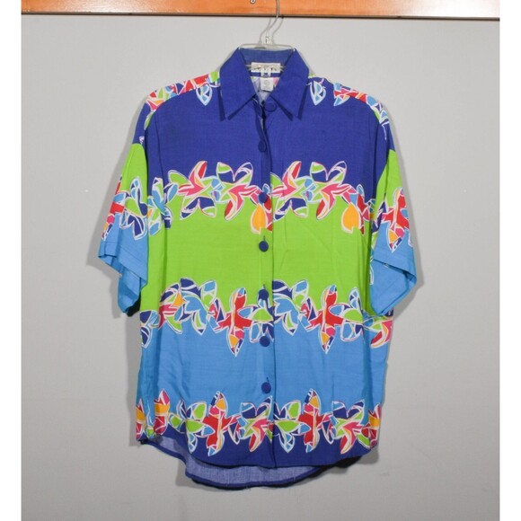 90s Campagnie Internationale Express Hawaiian Floral Short Sleeve Boxy Blouse S - Picture 1 of 3